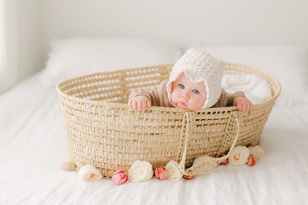 lancaster pa family photographer baby in bonnet and basket