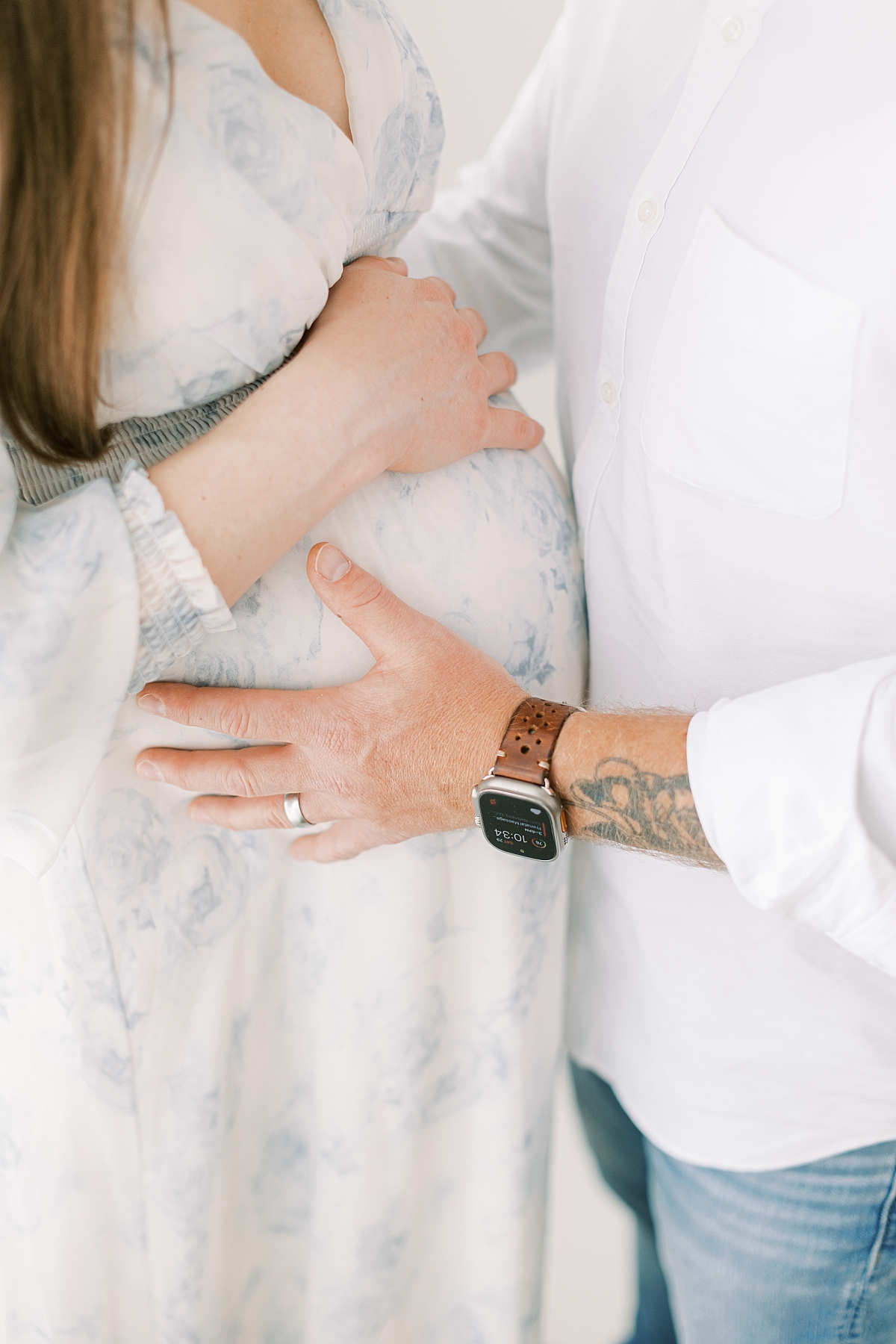 lancaster maternity session in blue with baby bump and hands