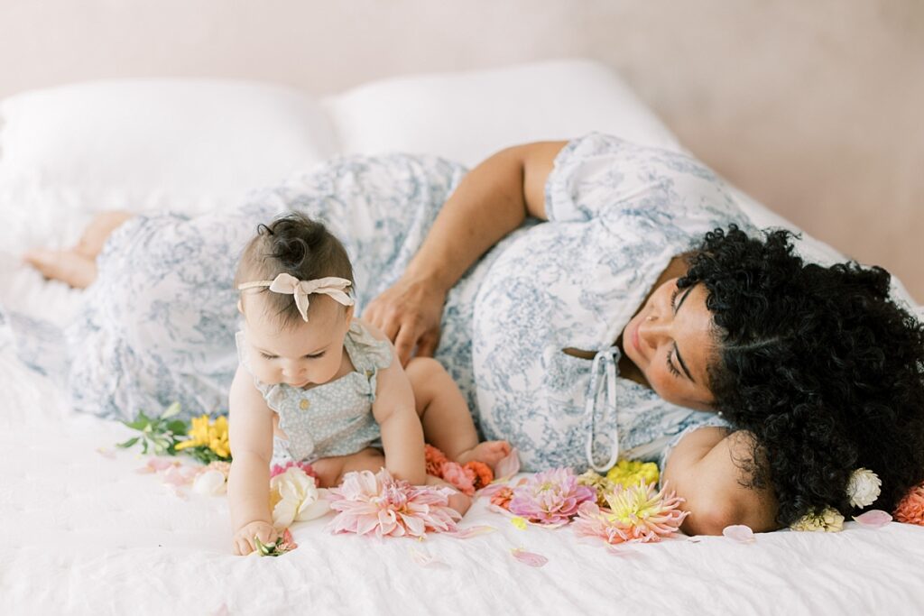 sitter session 6 months laying floral studio