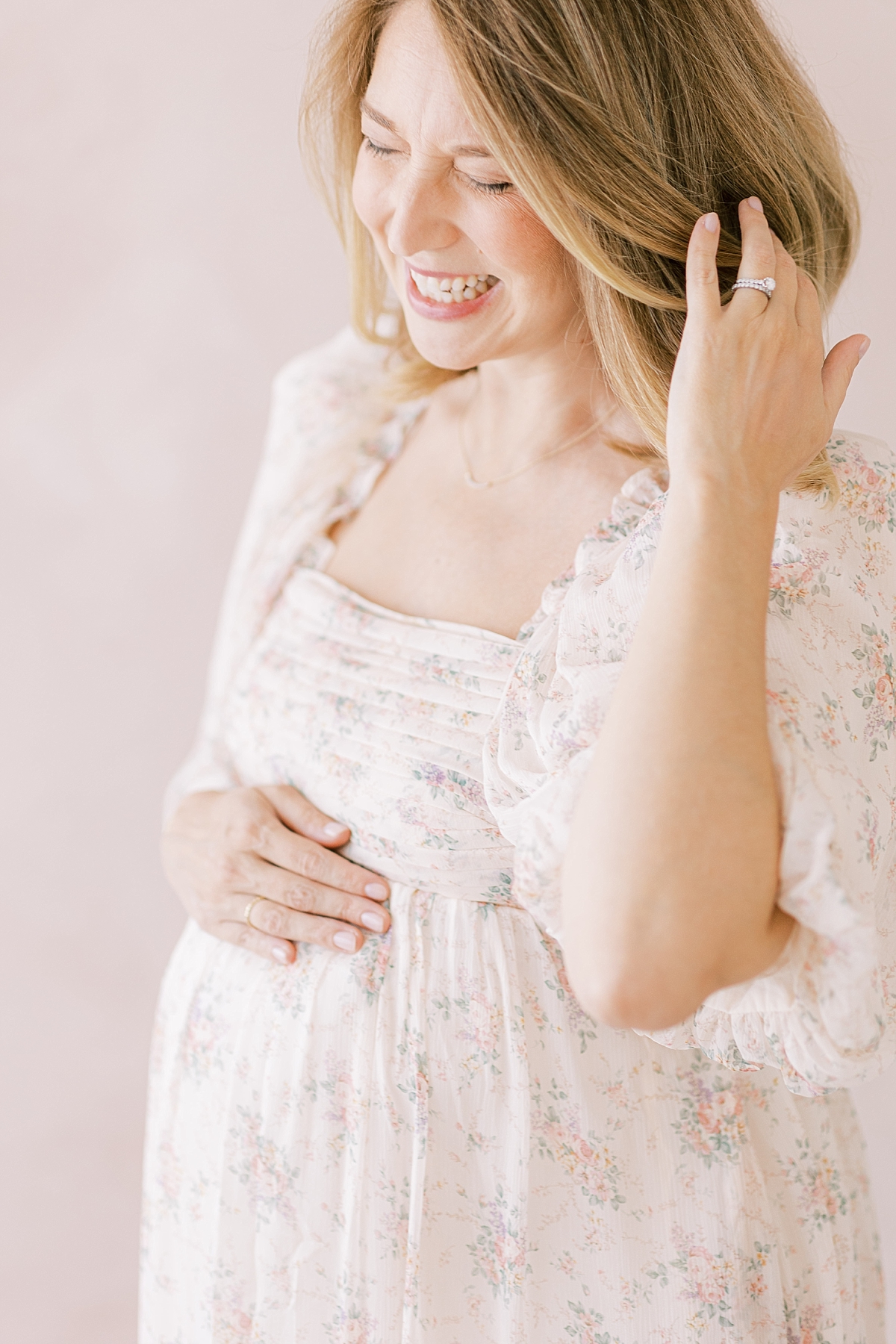 natural light studio maternity mom pink dress