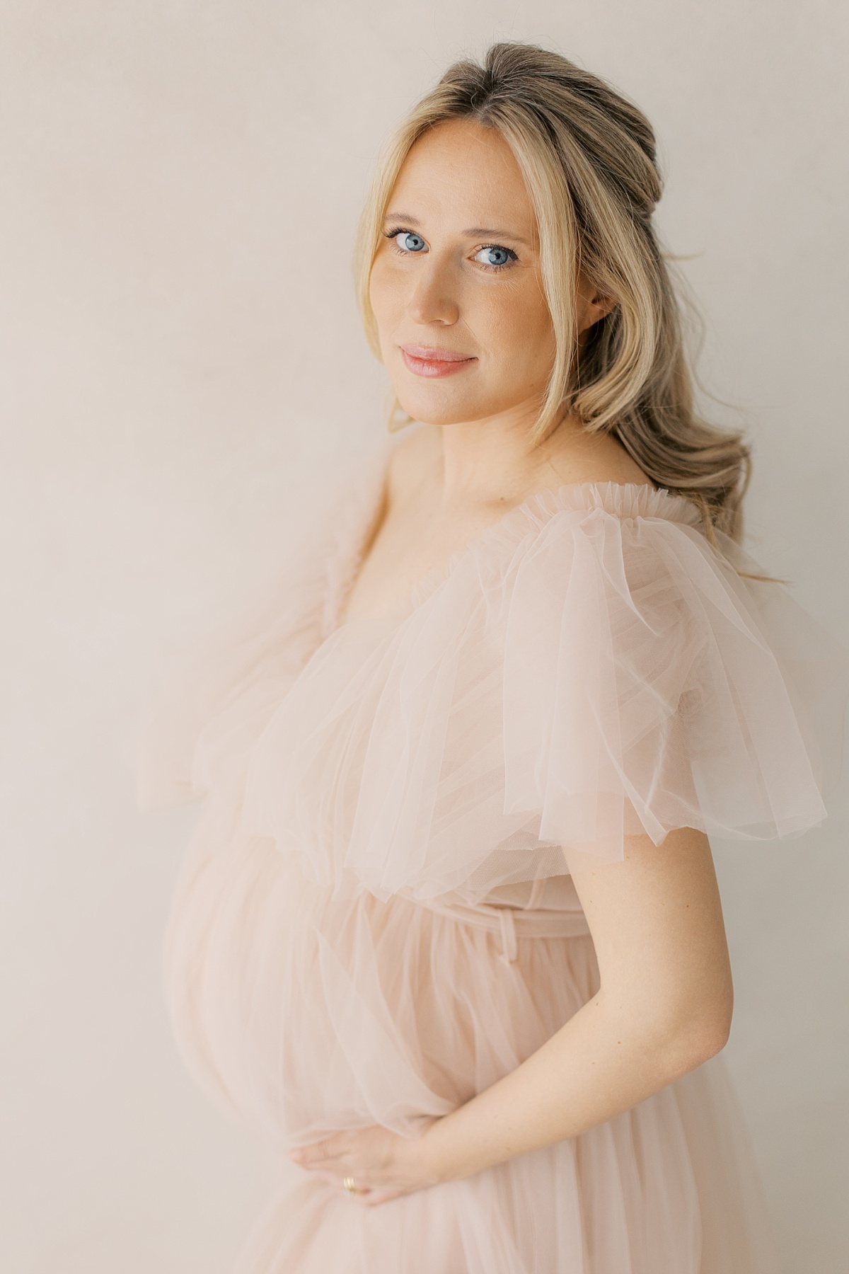 lancaster pa maternity session in winter, long tulle dress in studio